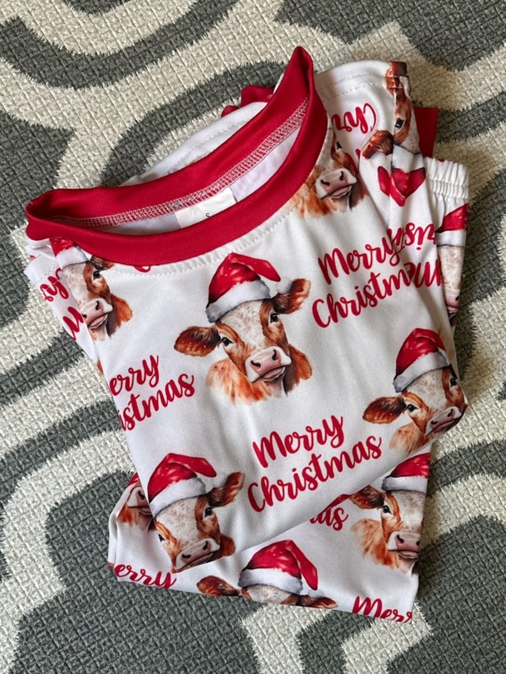 Kids Merry Christmas Cow Print Pajama Set - Red Trim